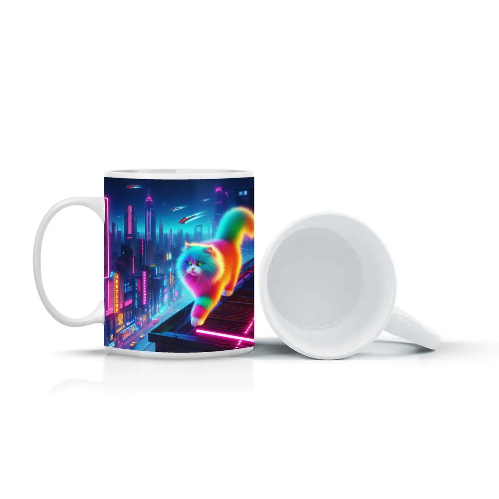 Rainbow Persian Cat Neon Cyberpunk City – Mugs