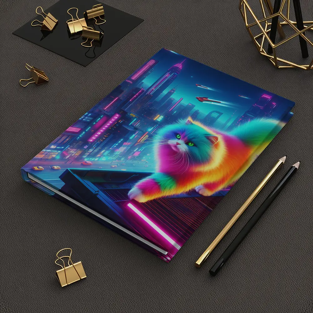 Rainbow Persian Cat Neon Cyberpunk City – Notebooks