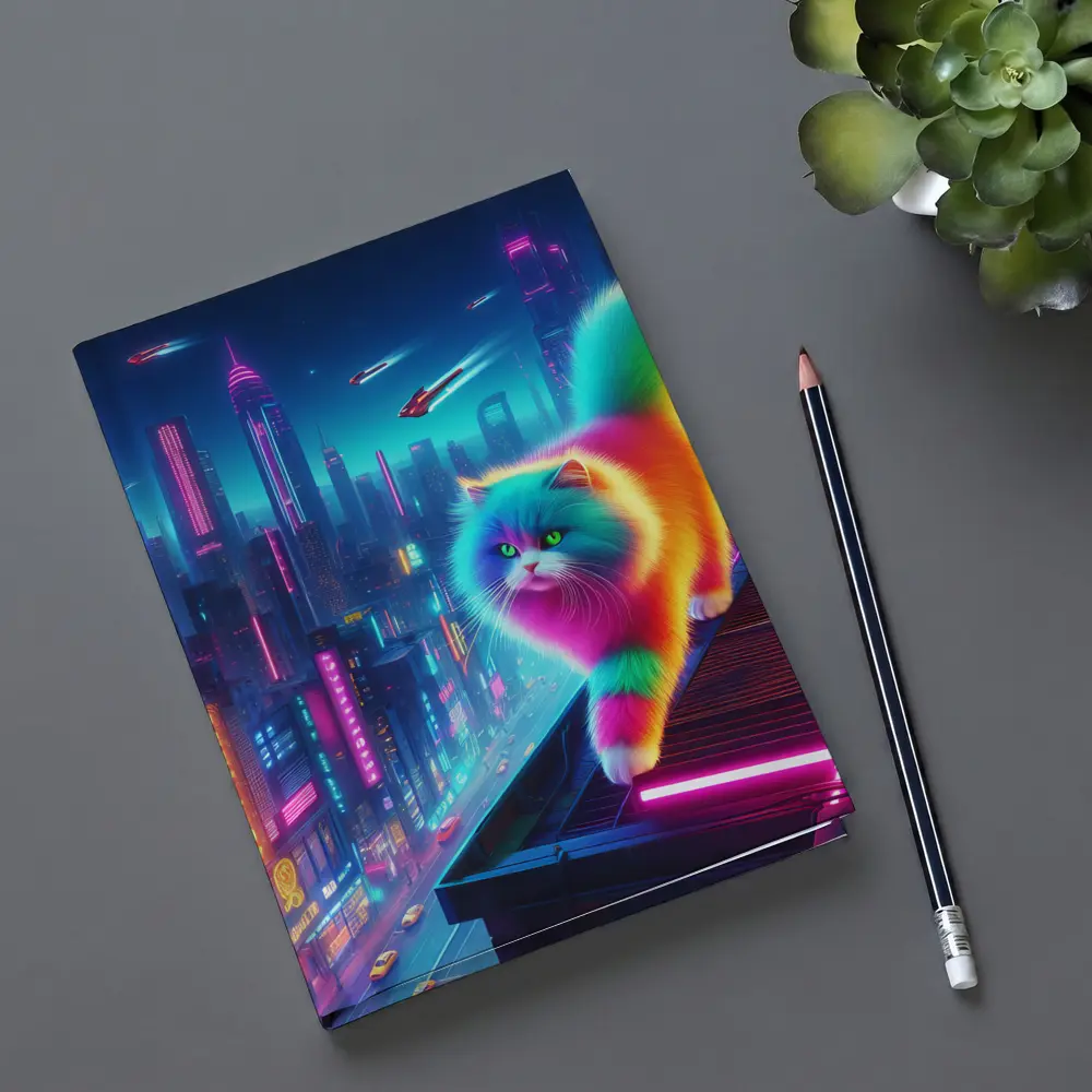 Rainbow Persian Cat Neon Cyberpunk City – Notebooks