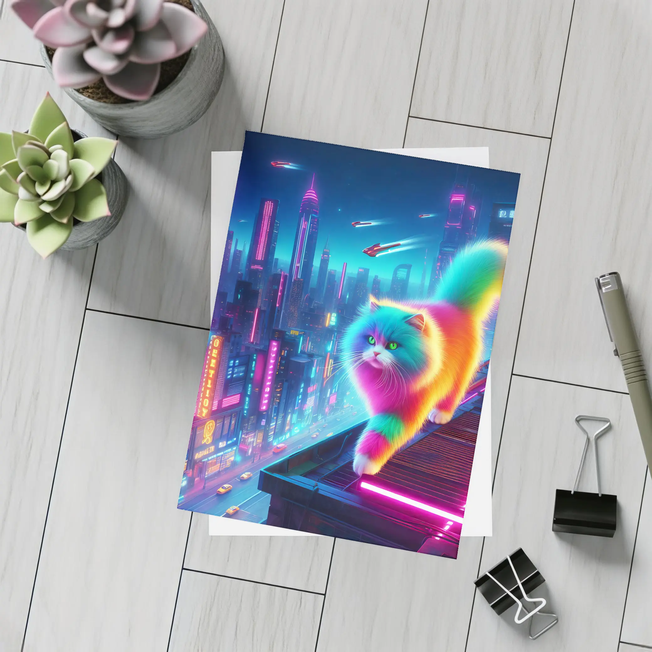 Rainbow Persian Cat Neon Cyberpunk City – Postcards