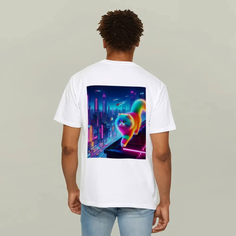 Rainbow Persian Cat Neon Cyberpunk City – T-Shirts