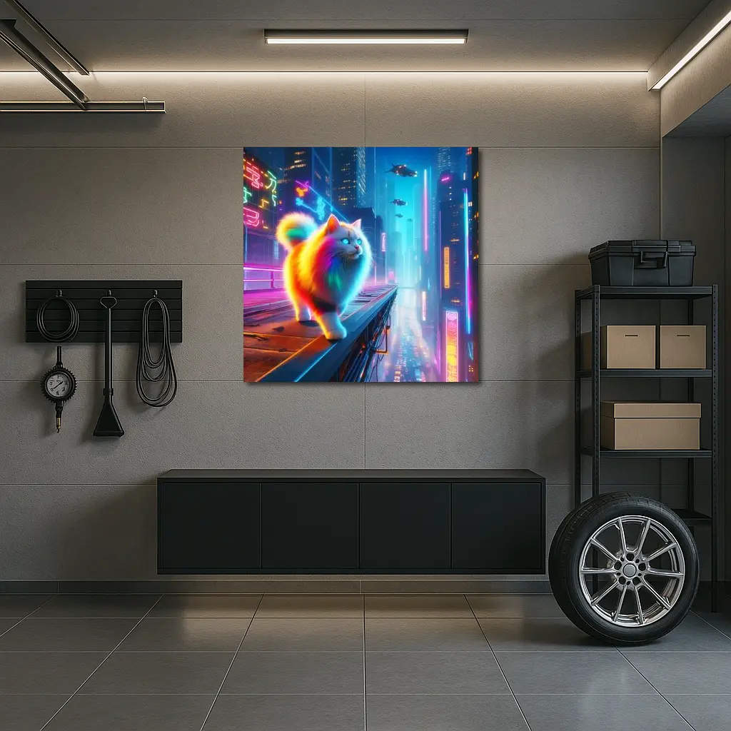 Rainbow Fluffy Cat Neon Cyberpunk City – Wall Art