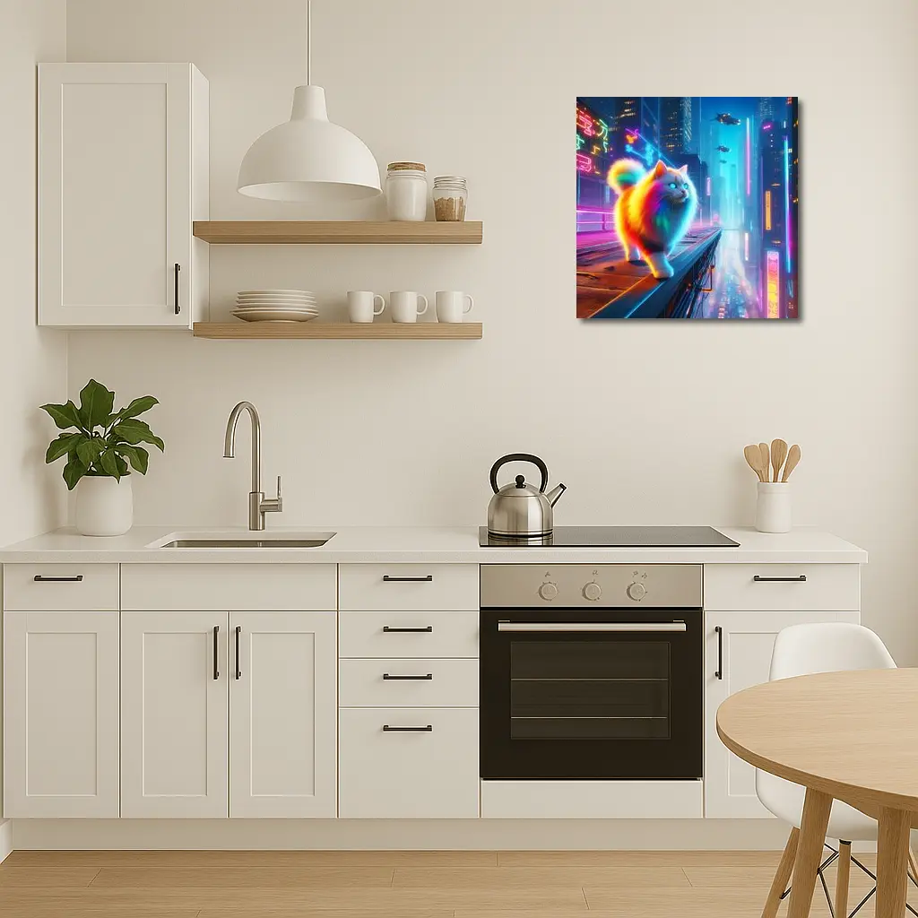 Rainbow Fluffy Cat Neon Cyberpunk City – Wall Art