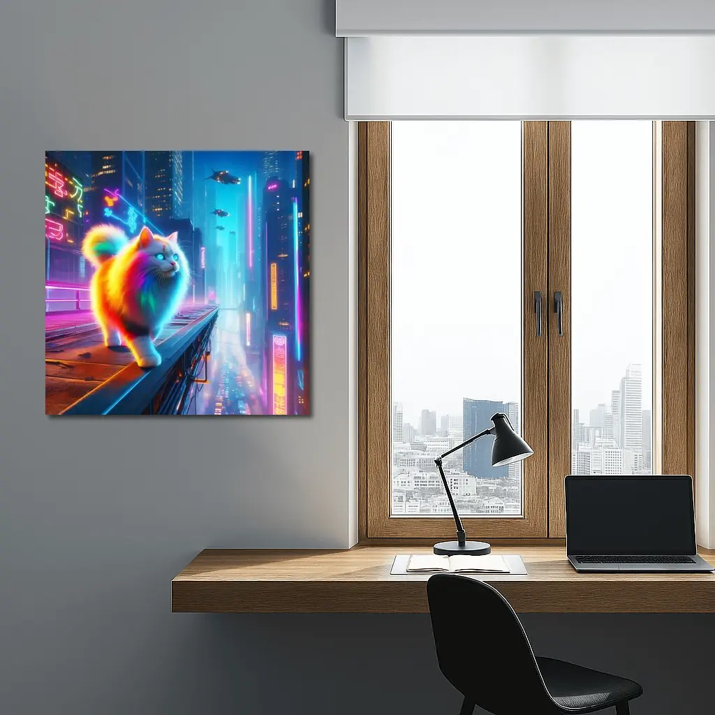 Rainbow Fluffy Cat Neon Cyberpunk City – Wall Art