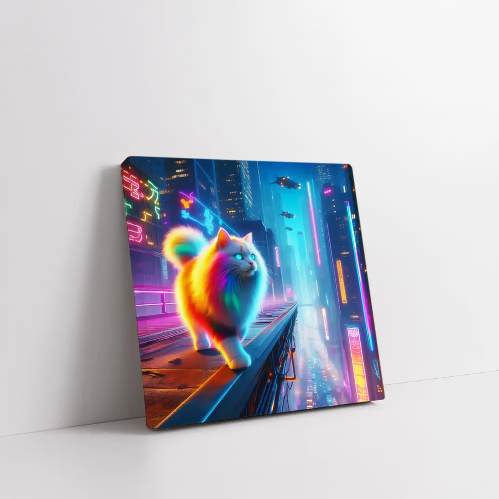 Rainbow Fluffy Cat Neon Cyberpunk City – Wall Art