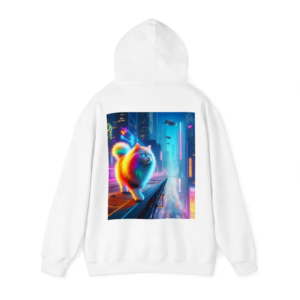 Rainbow Fluffy Cat Neon Cyberpunk City – Hoodies