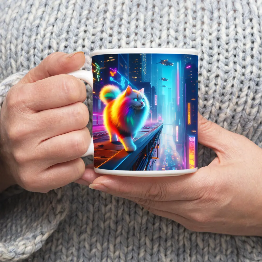 Rainbow Fluffy Cat Neon Cyberpunk City – Mugs