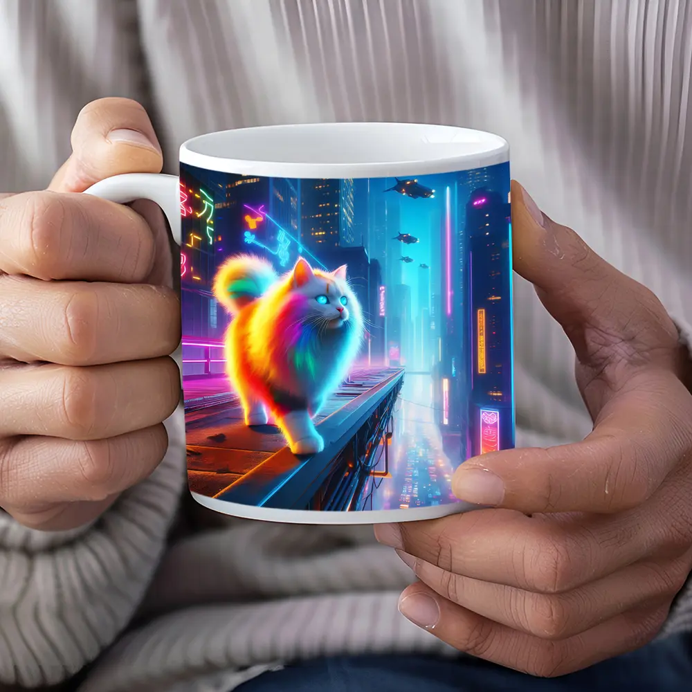Rainbow Fluffy Cat Neon Cyberpunk City – Mugs