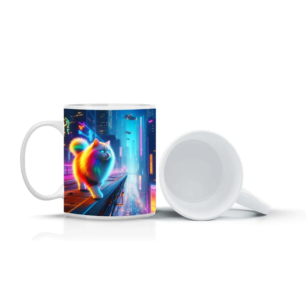 Rainbow Fluffy Cat Neon Cyberpunk City – Mugs