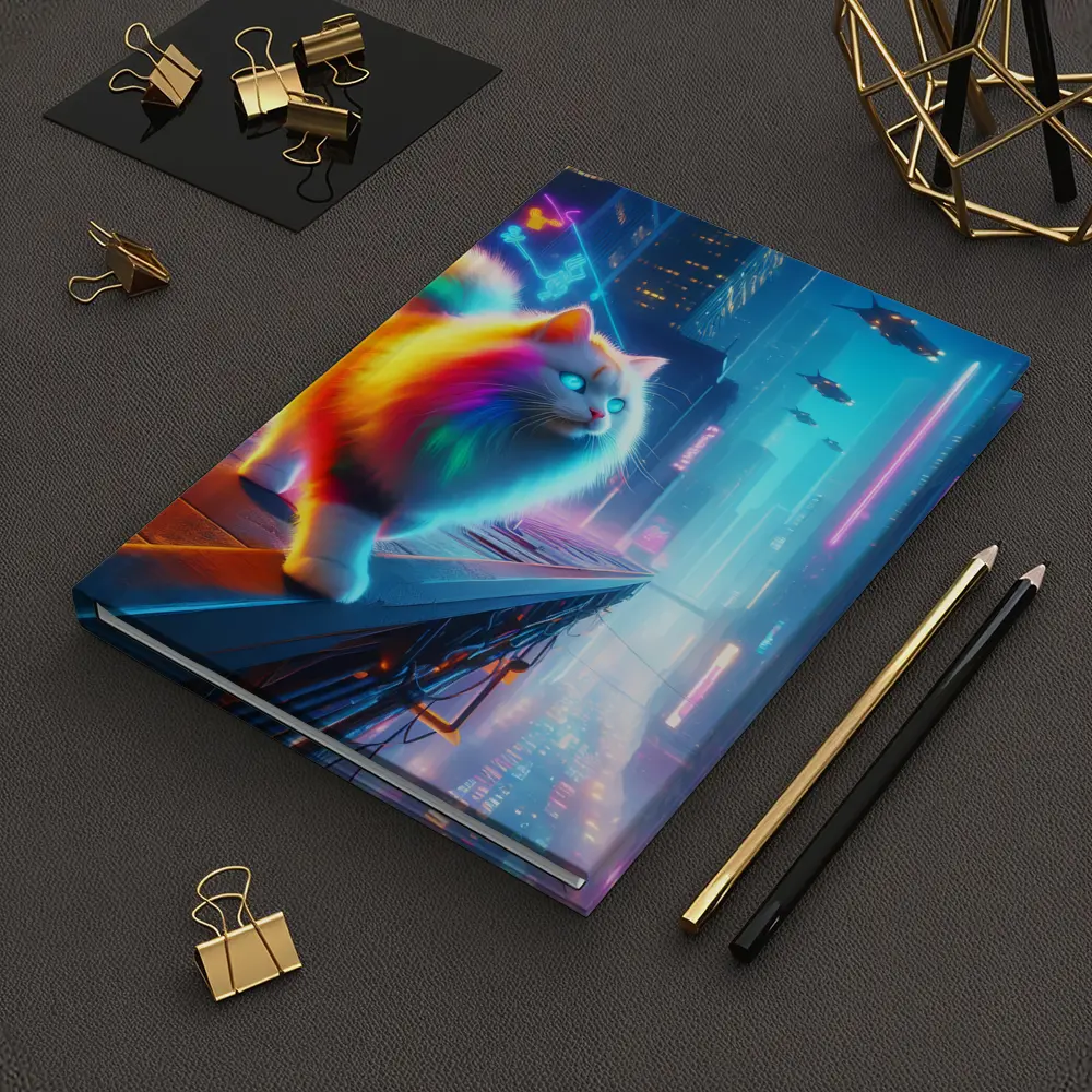 Rainbow Fluffy Cat Neon Cyberpunk City – Notebooks