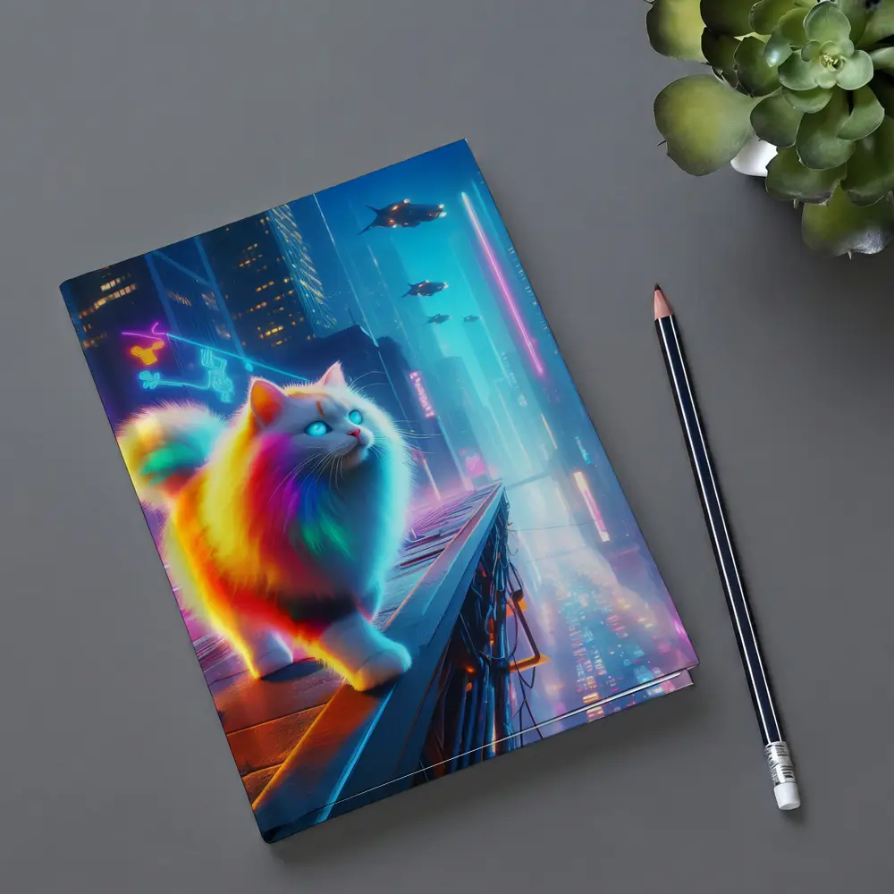 Rainbow Fluffy Cat Neon Cyberpunk City – Notebooks
