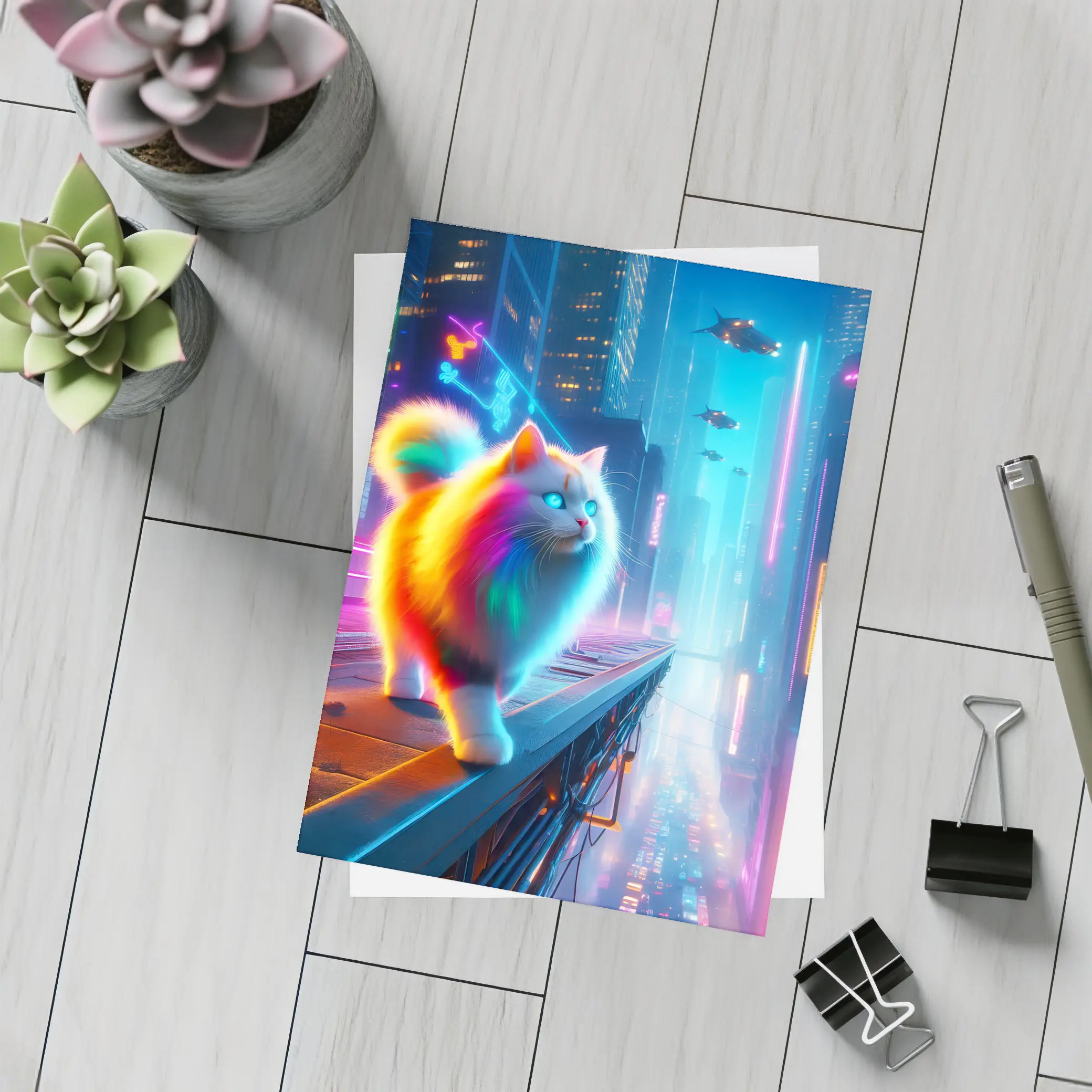 Rainbow Fluffy Cat Neon Cyberpunk City – Postcards