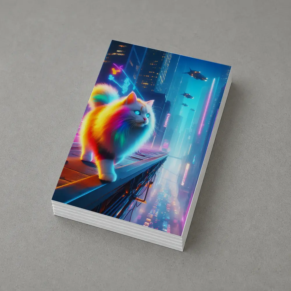 Rainbow Fluffy Cat Neon Cyberpunk City – Postcards
