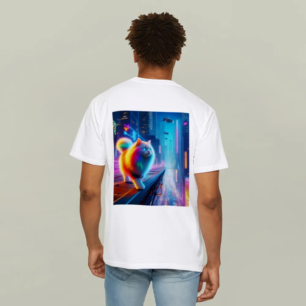 Rainbow Fluffy Cat Neon Cyberpunk City – T-Shirts