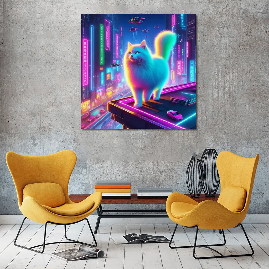 Neon Rainbow Cat Cyberpunk City Night – Wall Art