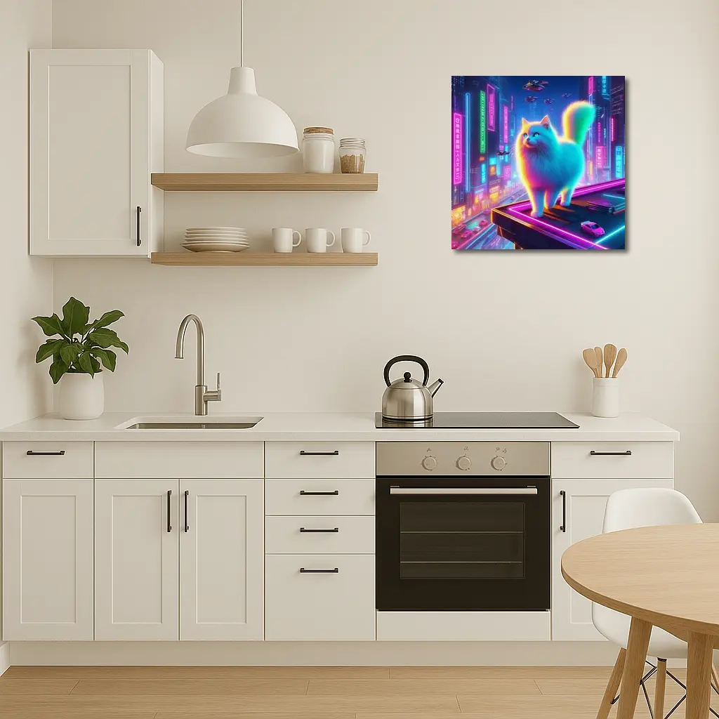 Neon Rainbow Cat Cyberpunk City Night – Wall Art