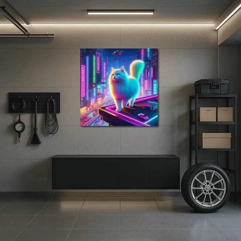 Neon Rainbow Cat Cyberpunk City Night – Wall Art