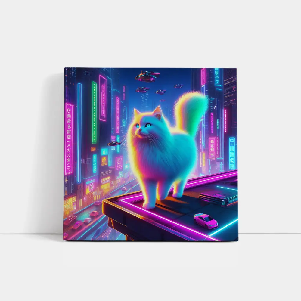 Neon Rainbow Cat Cyberpunk City Night – Wall Art