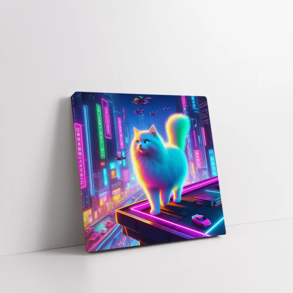 Neon Rainbow Cat Cyberpunk City Night – Wall Art