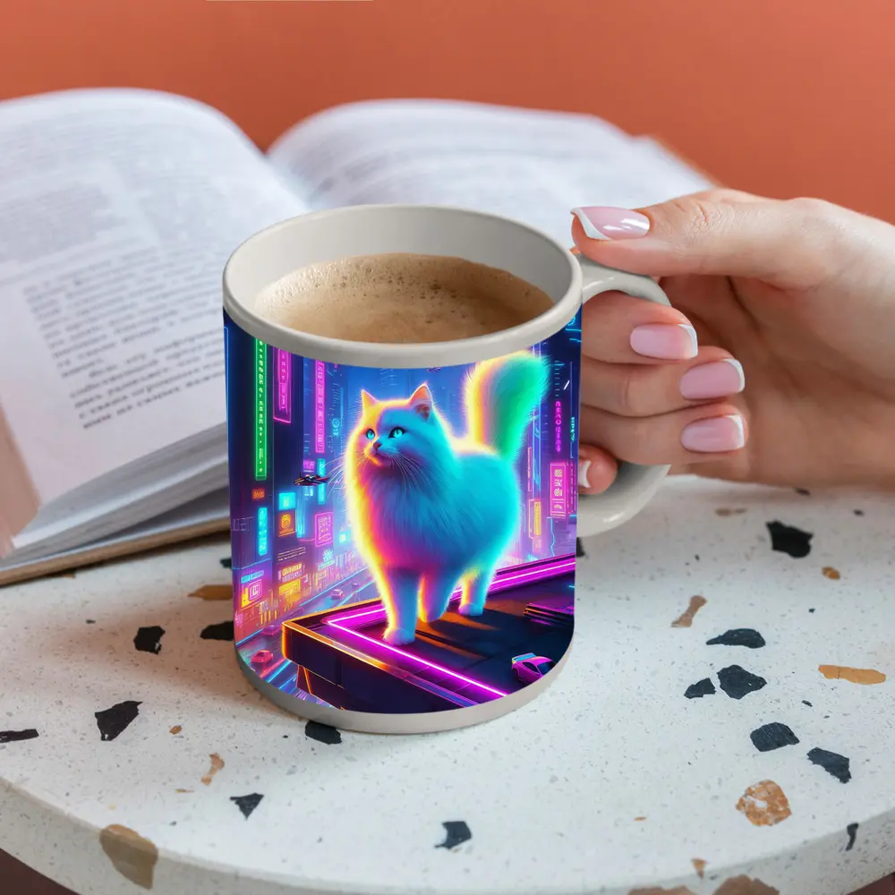 Neon Rainbow Cat Cyberpunk City Night – Mugs