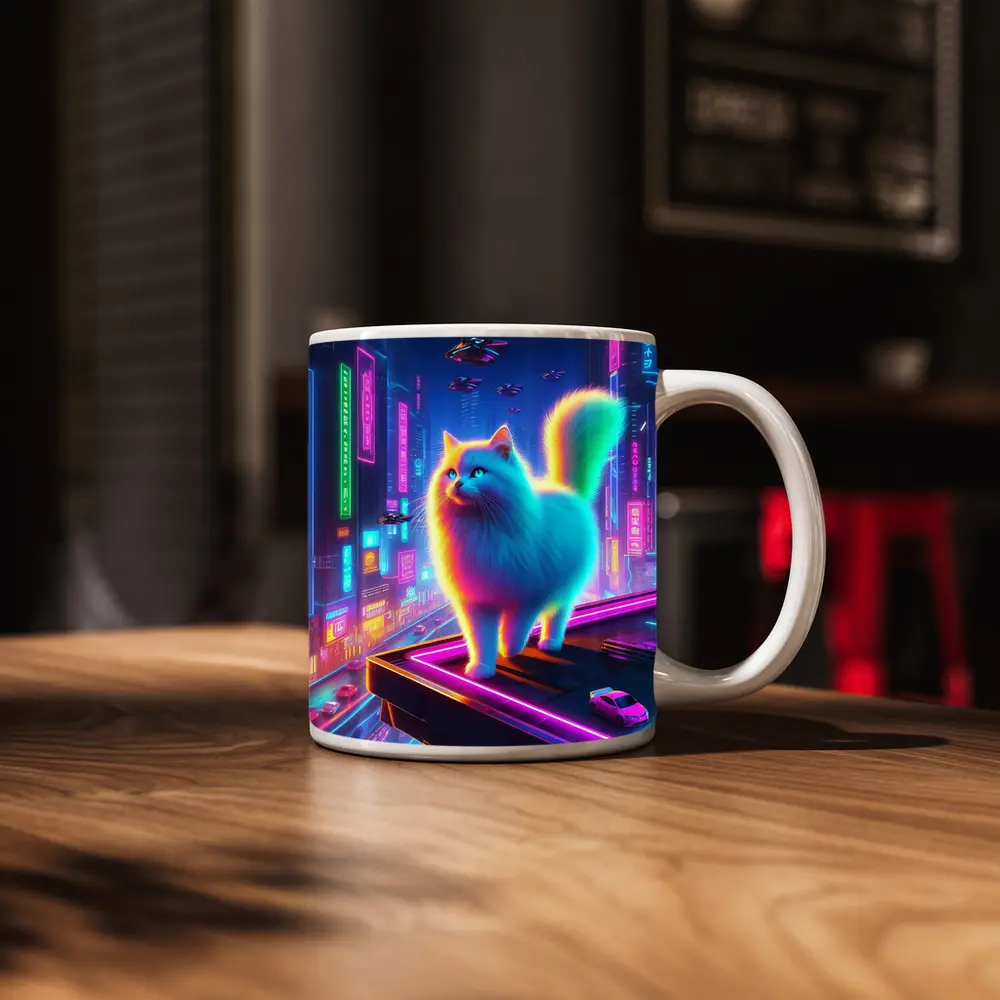 Neon Rainbow Cat Cyberpunk City Night – Mugs