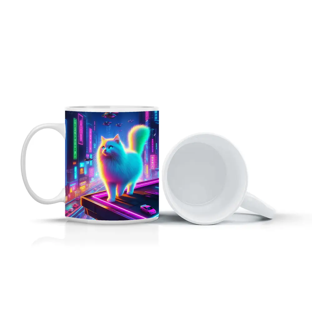 Neon Rainbow Cat Cyberpunk City Night – Mugs