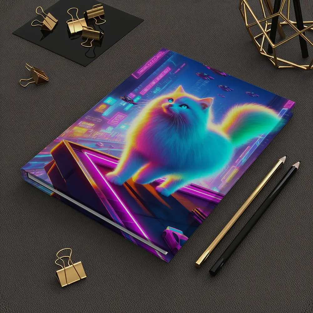 Neon Rainbow Cat Cyberpunk City Night – Notebooks