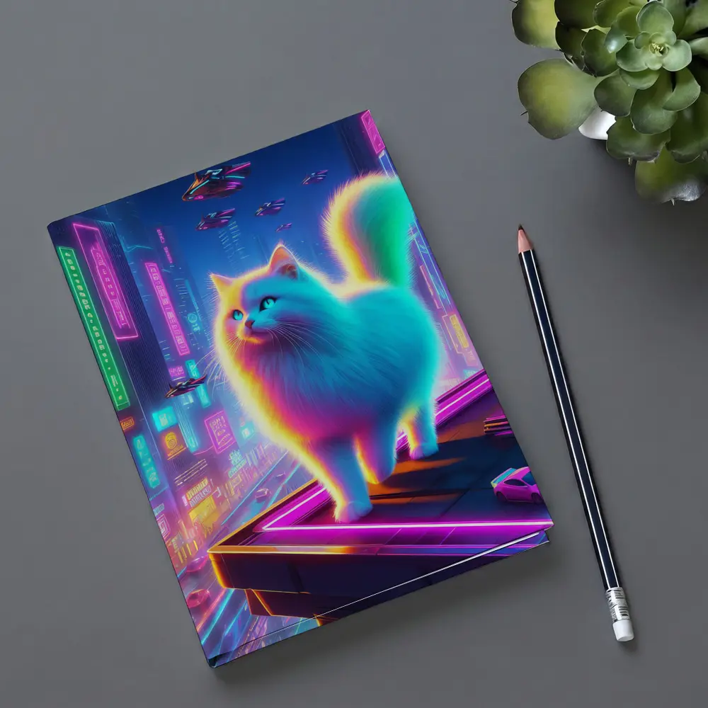 Neon Rainbow Cat Cyberpunk City Night – Notebooks