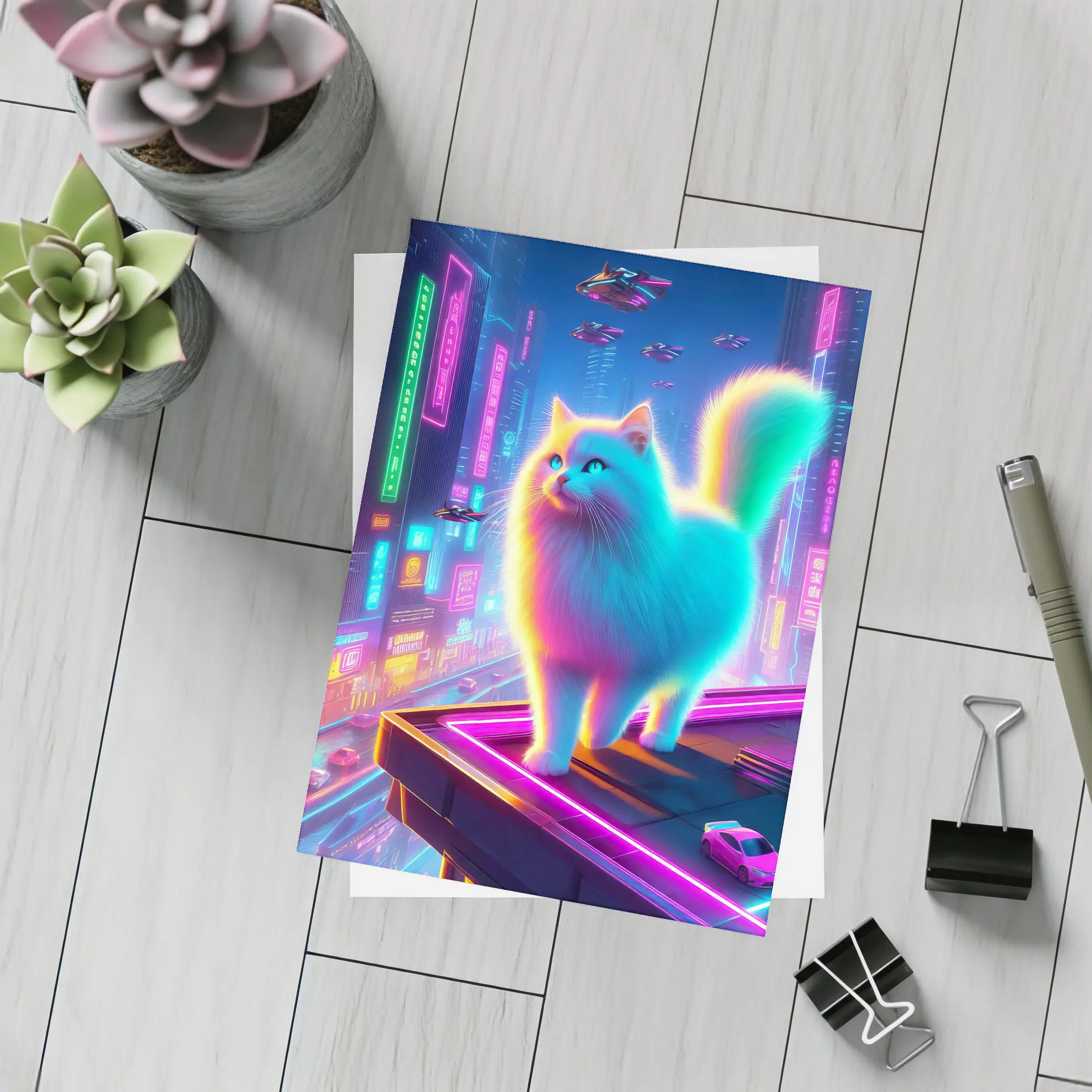 Neon Rainbow Cat Cyberpunk City Night – Postcards