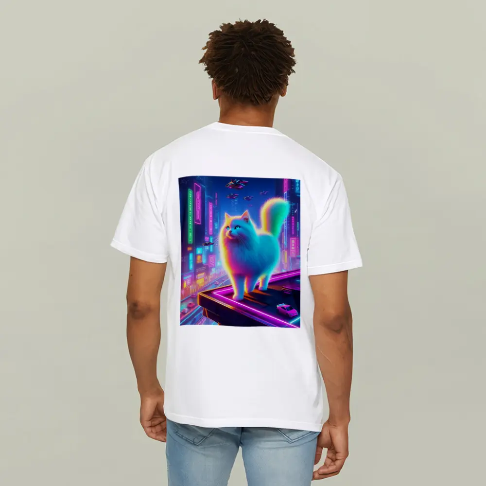 Neon Rainbow Cat Cyberpunk City Night – T-Shirts