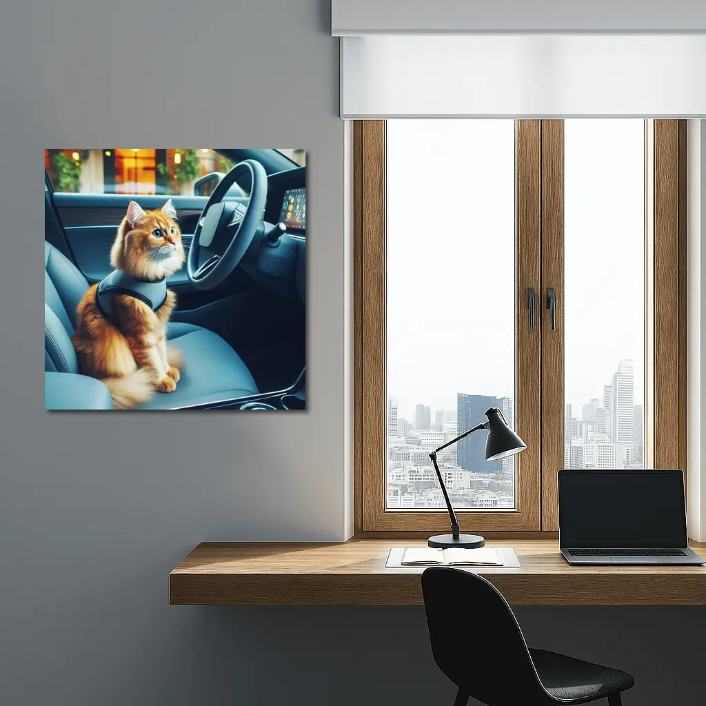 Orange Cat Sitting Inside Modern Car – Wall Art