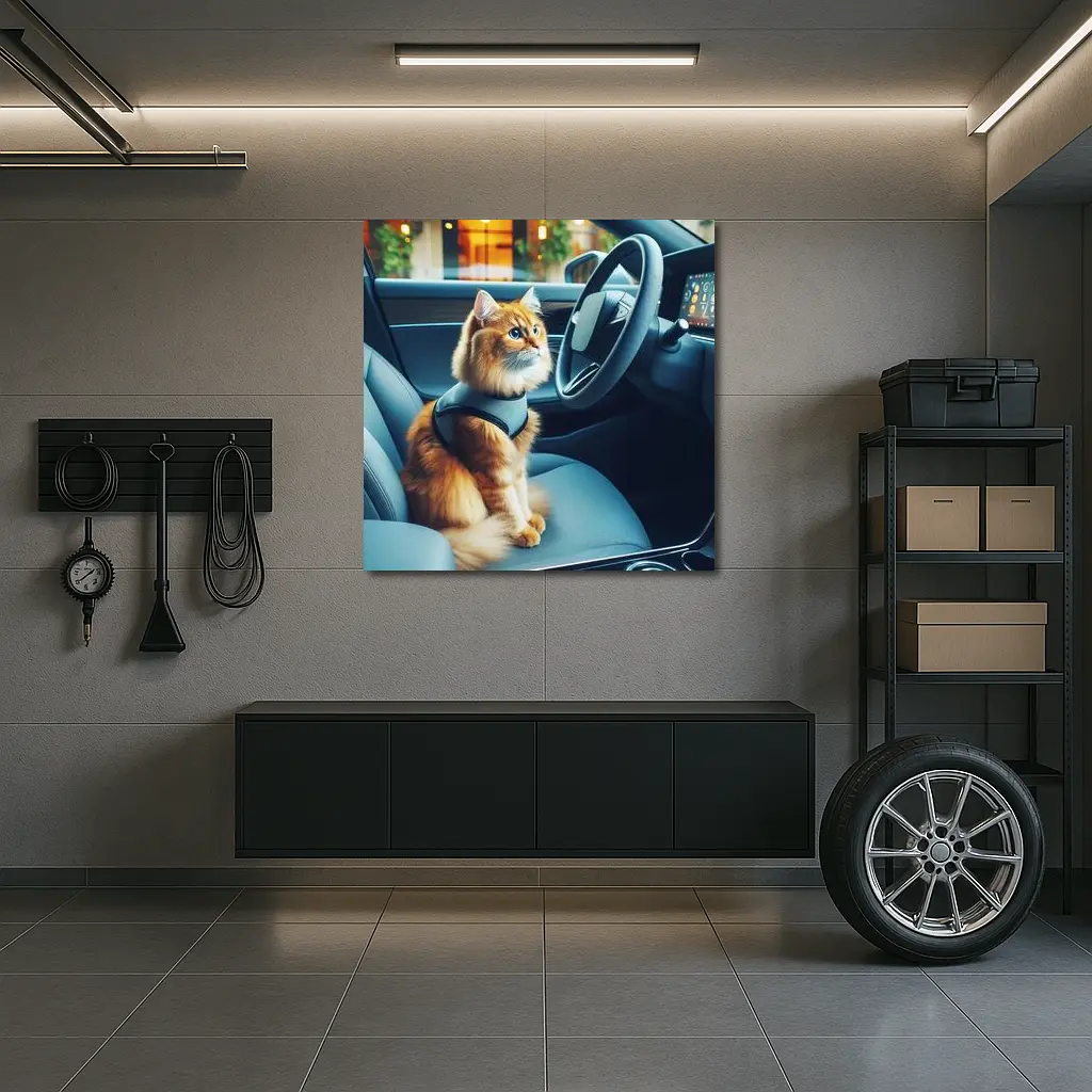 Orange Cat Sitting Inside Modern Car – Wall Art