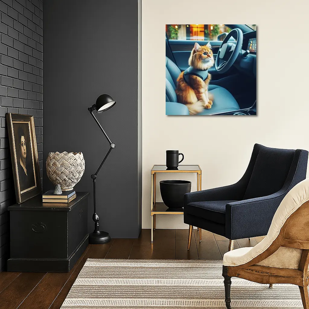 Orange Cat Sitting Inside Modern Car – Wall Art
