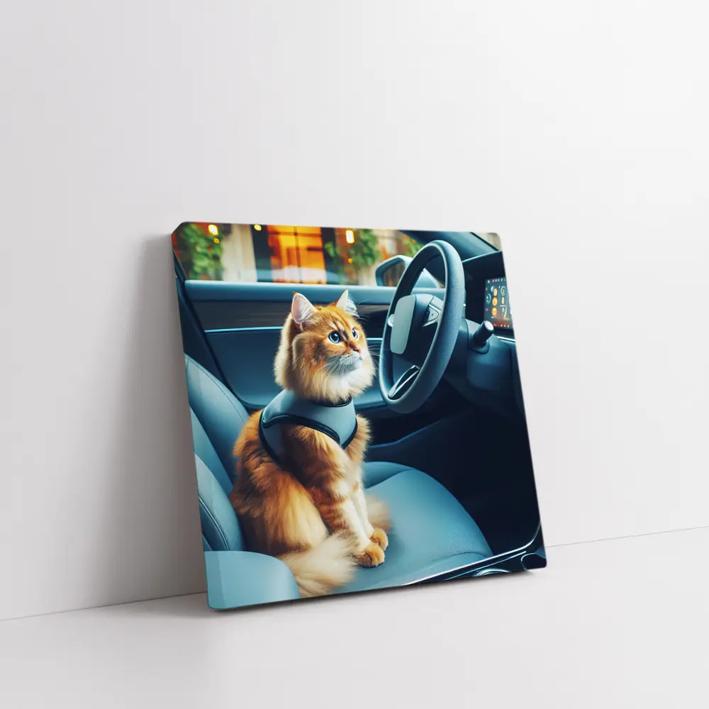 Orange Cat Sitting Inside Modern Car – Wall Art