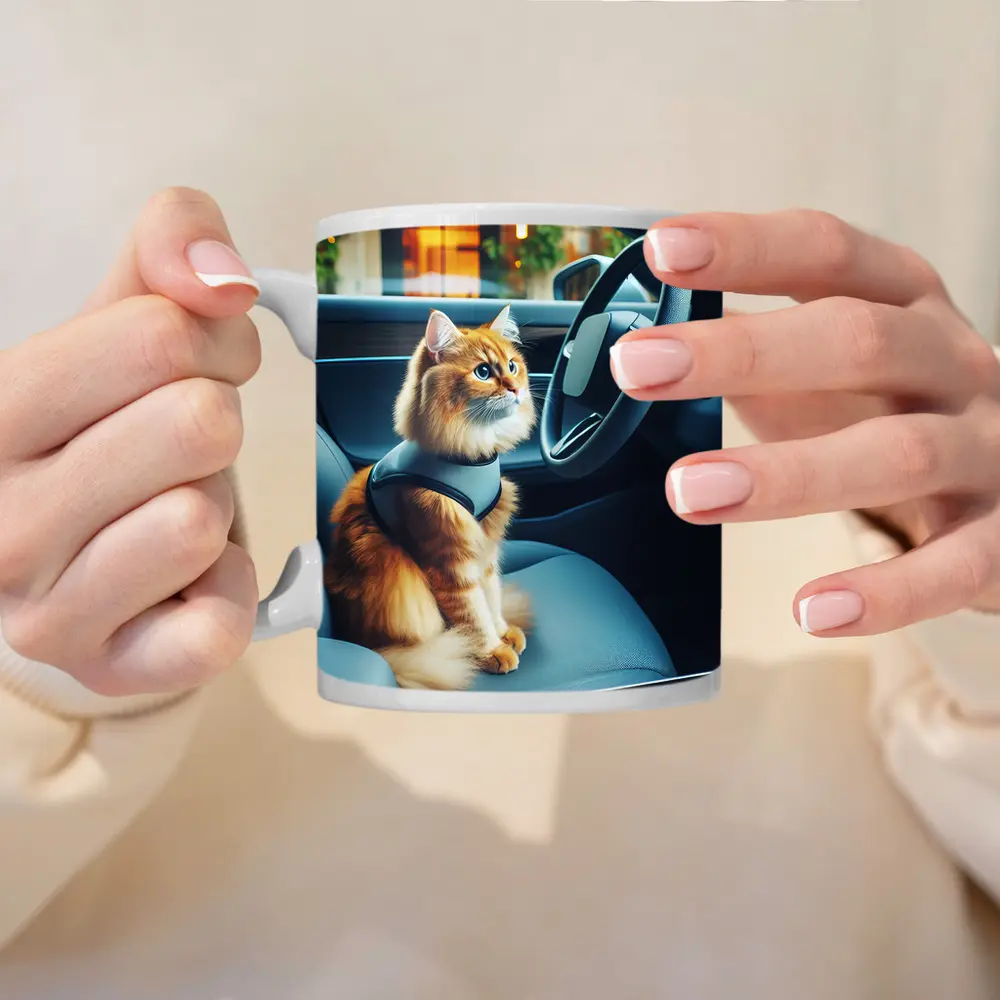 Orange Cat Sitting Inside Modern Car – Mugs