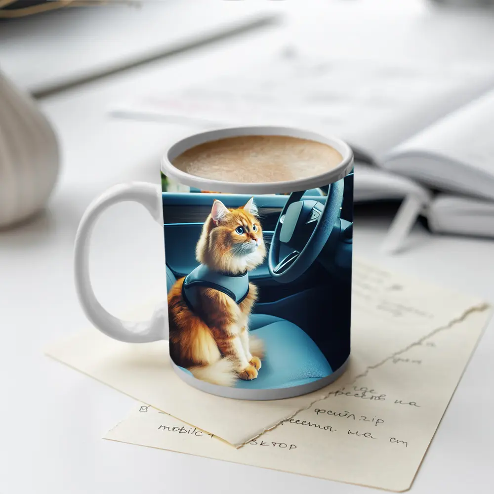 Orange Cat Sitting Inside Modern Car – Mugs