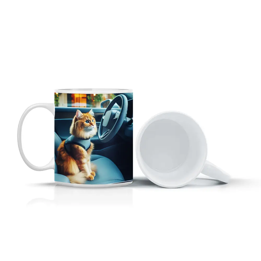 Orange Cat Sitting Inside Modern Car – Mugs
