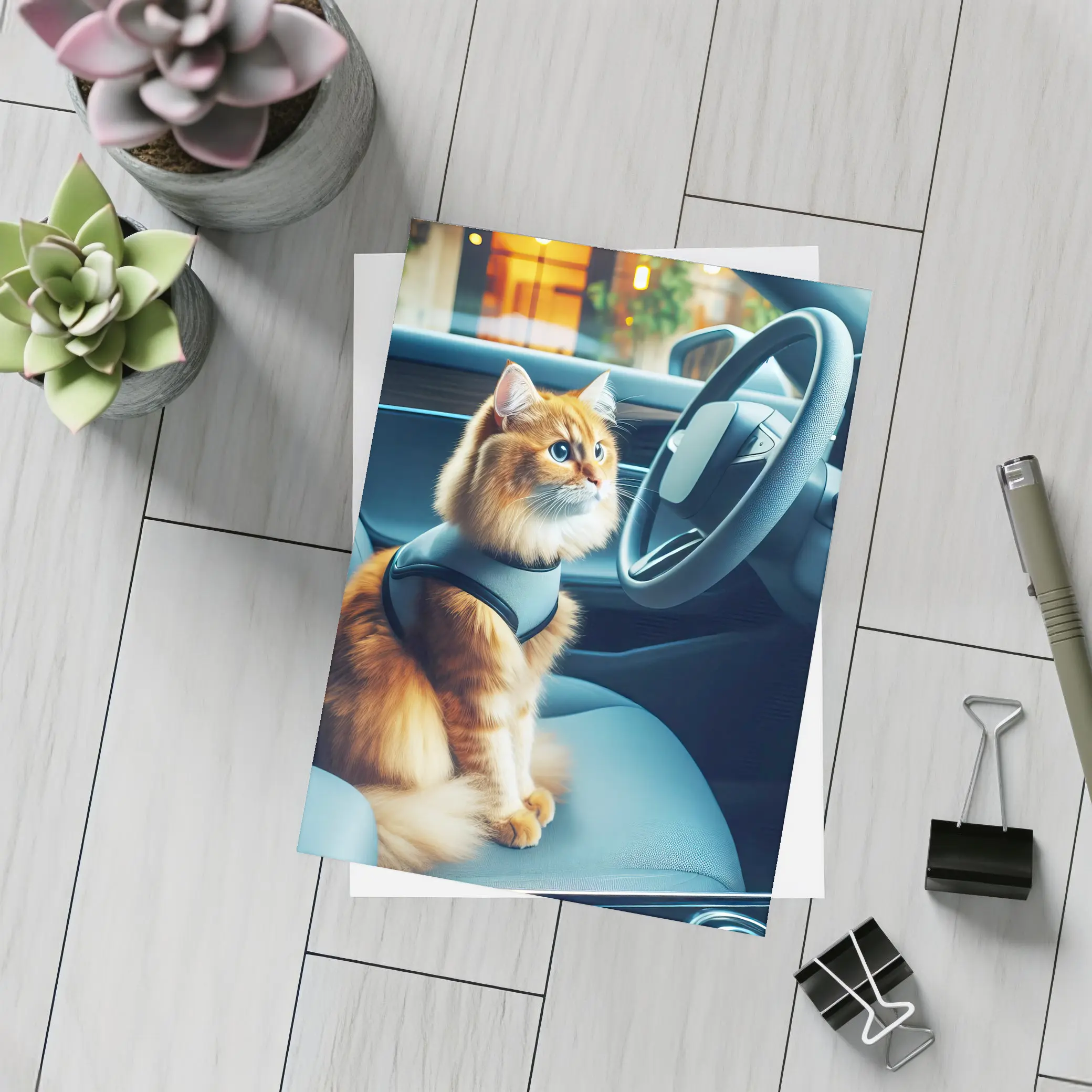 Orange Cat Sitting Inside Modern Car – Postcards