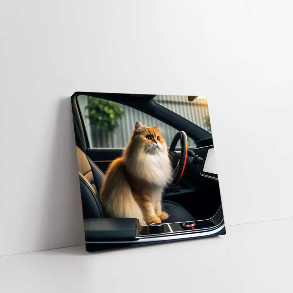 Fluffy Orange Cat Inside Tesla Car Interior – Wall Art
