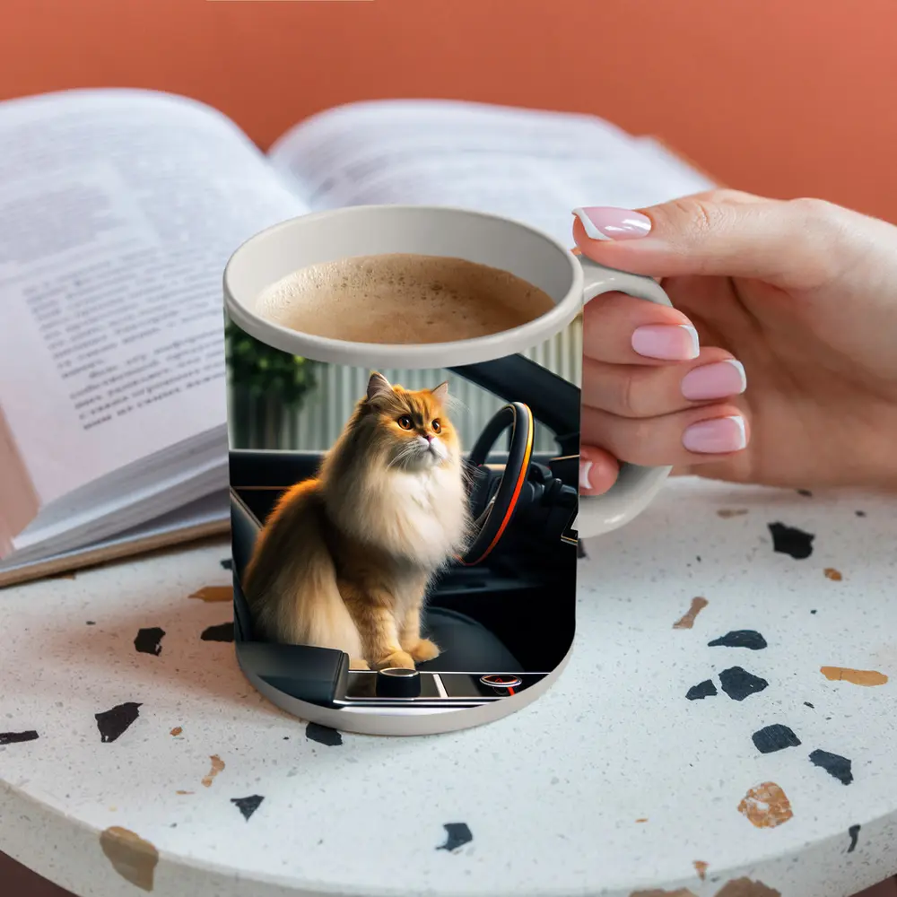 Fluffy Orange Cat Inside Tesla Car Interior – Mugs