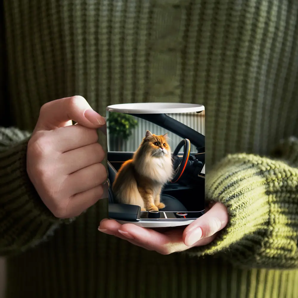 Fluffy Orange Cat Inside Tesla Car Interior – Mugs
