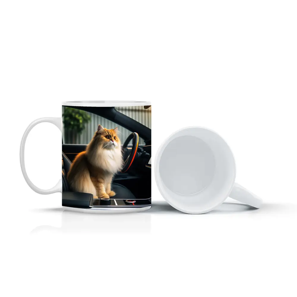 Fluffy Orange Cat Inside Tesla Car Interior – Mugs