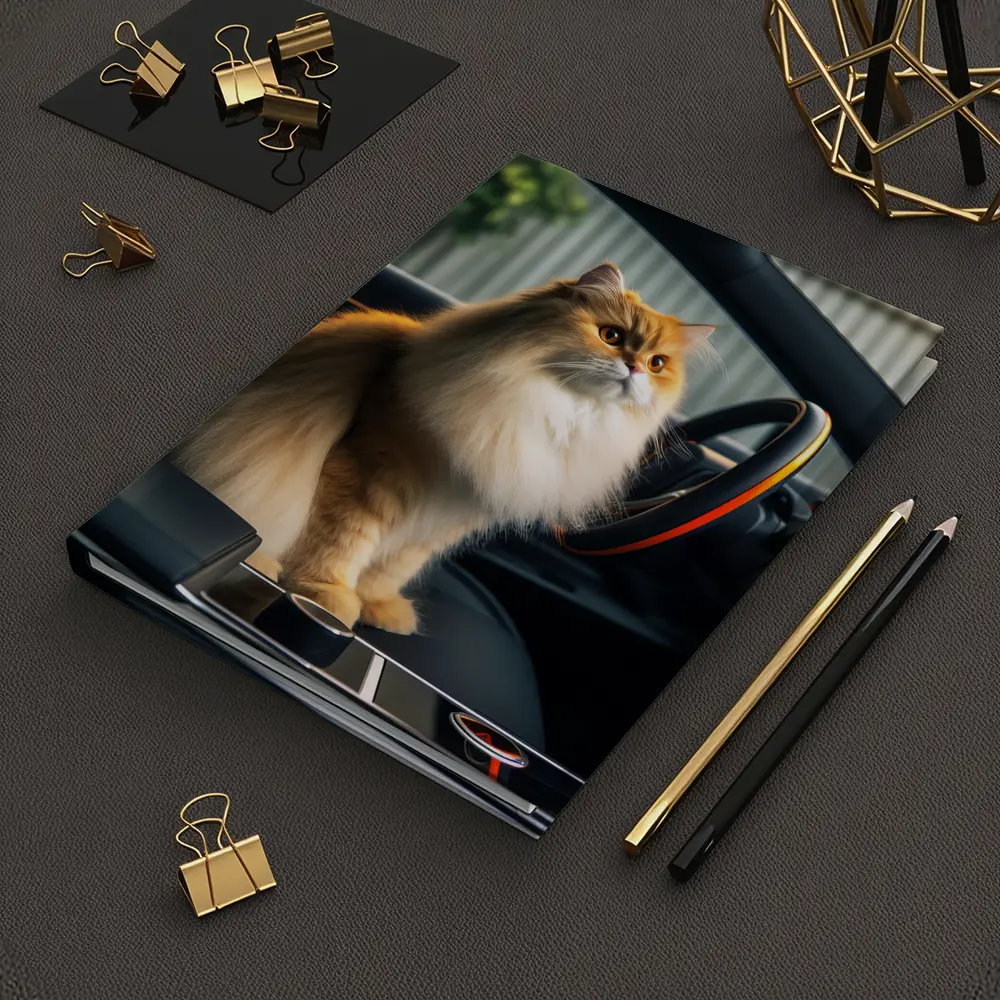 Fluffy Orange Cat Inside Tesla Car Interior – Notebooks