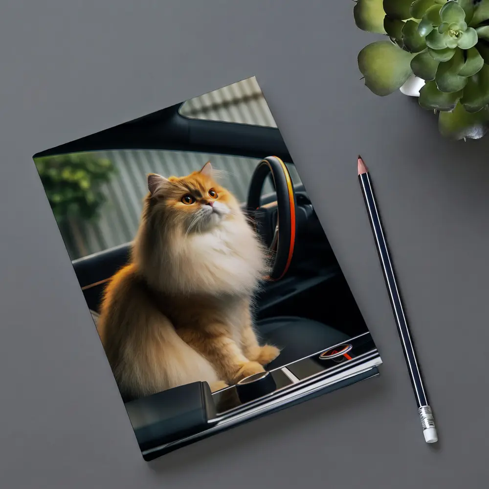 Fluffy Orange Cat Inside Tesla Car Interior – Notebooks