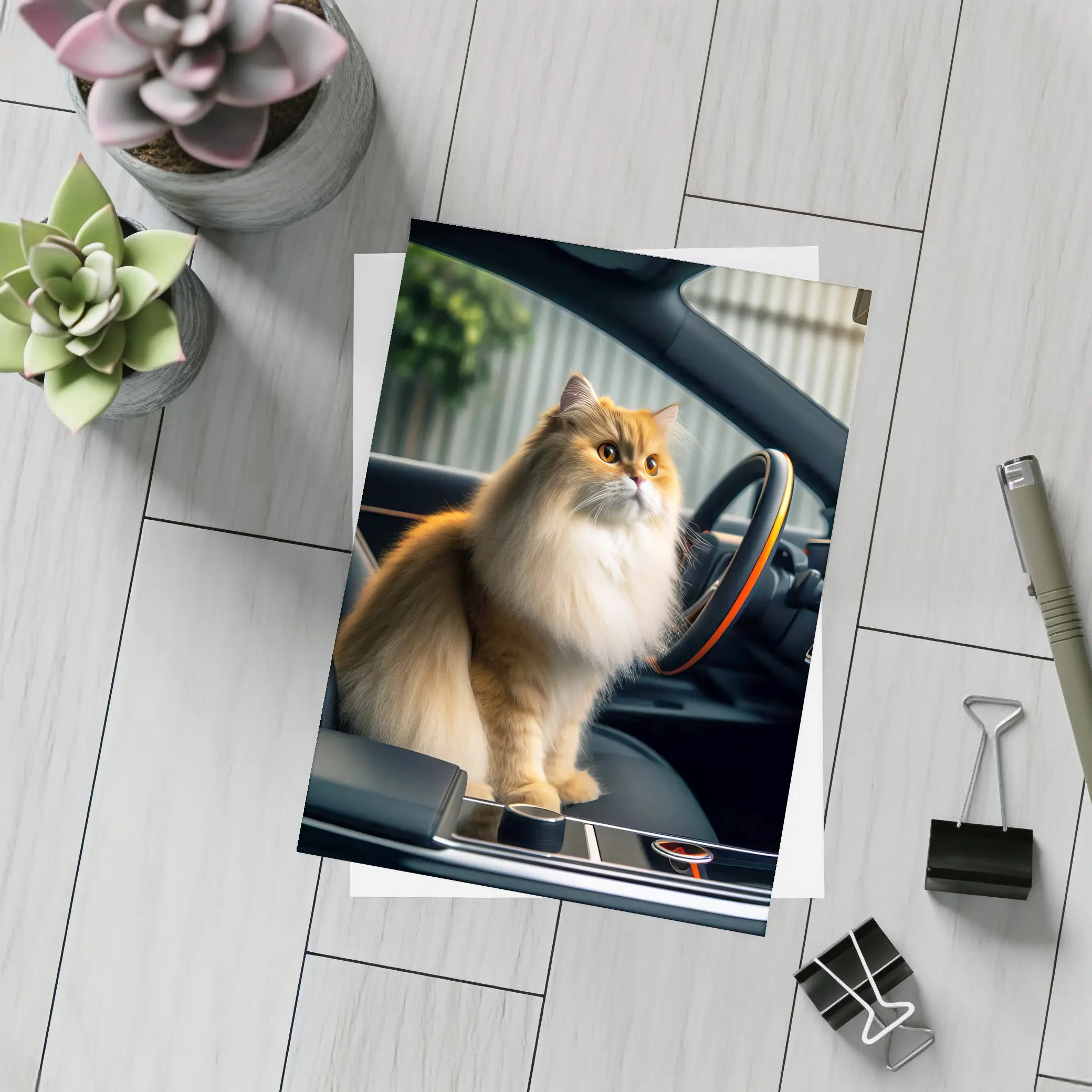 Fluffy Orange Cat Inside Tesla Car Interior – Postcards