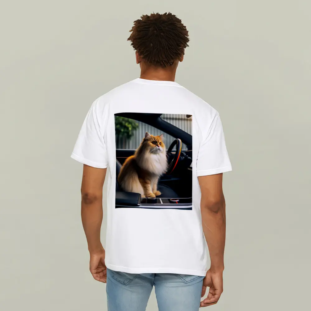 Fluffy Orange Cat Inside Tesla Car Interior – T-Shirts