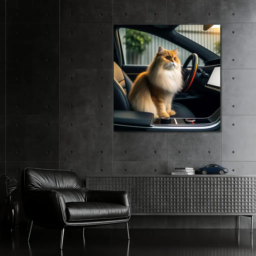Fluffy Orange Cat Inside Tesla Car Interior – Wall Art