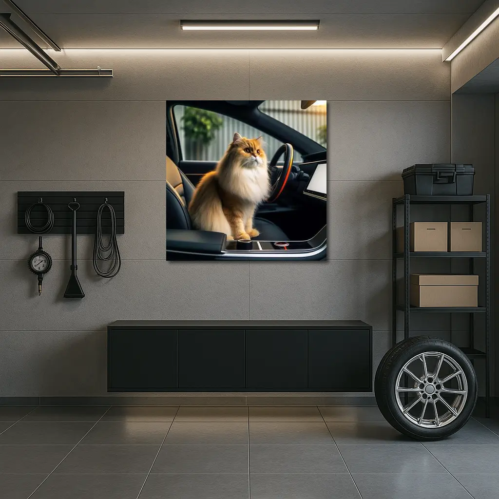 Fluffy Orange Cat Inside Tesla Car Interior – Wall Art