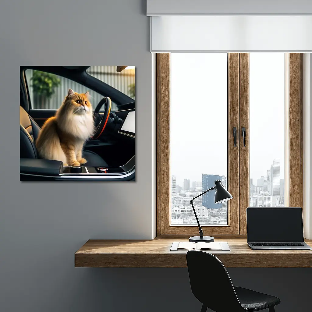 Fluffy Orange Cat Inside Tesla Car Interior – Wall Art