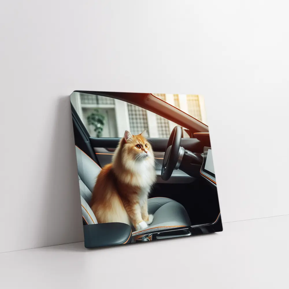 Orange Fluffy Cat Inside Tesla Car Interior – Wall Art